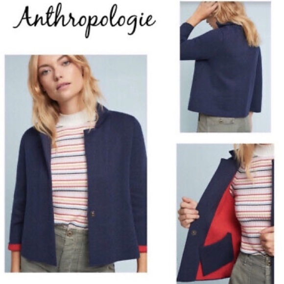 Anthro Moth Anthropologie Navy/Red Amoruso Cardigan Jacket Size S - Picture 2 of 9